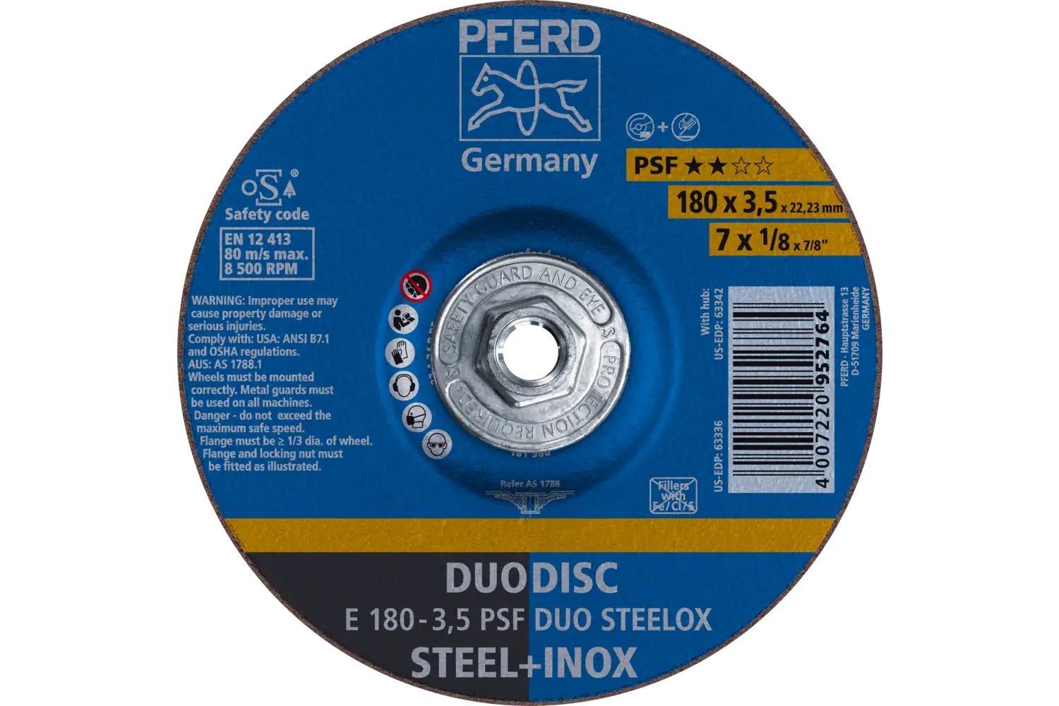 Picture of Pferd Combination Wheel, 7" X 1/8 X 5/8-11, Psf Duodisc Steelox, T27, Aluminum Oxide
